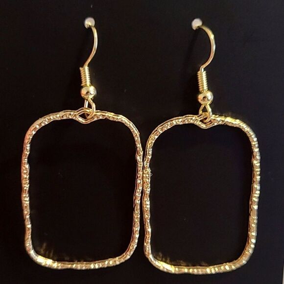 New Organic Shaped Rectangle Gold Earrings on 14K Gold Plated Hooks - Picture 1 of 1